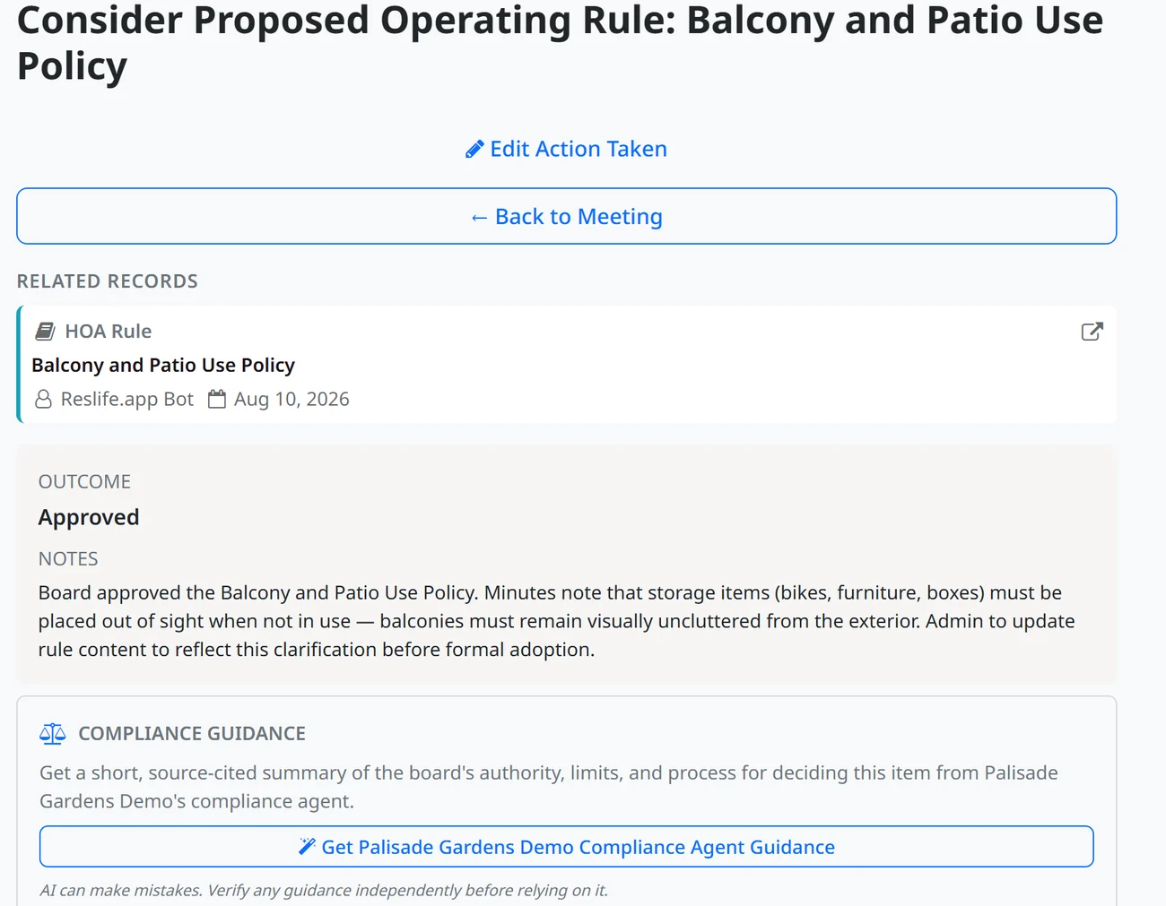 An agenda item showing its recorded outcome, the board’s notes and the related governing rule