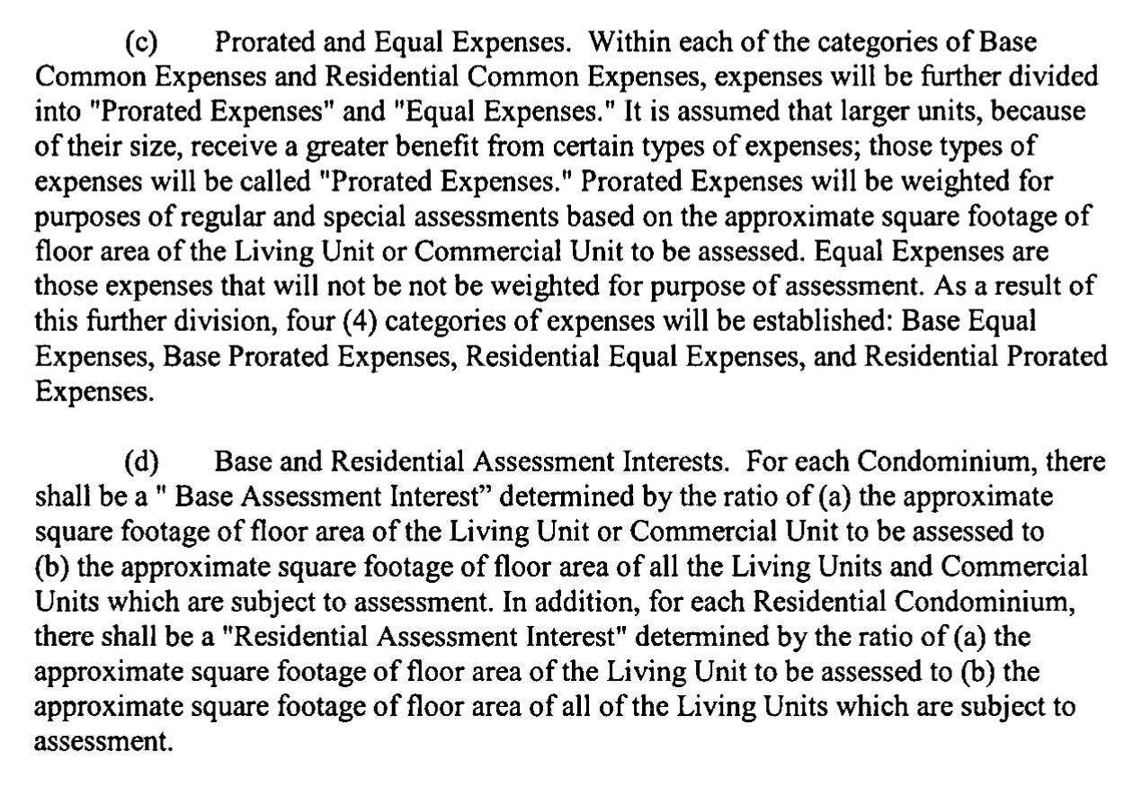 A recorded declaration of covenants, conditions and restrictions, defining Prorated and Equal Expenses and the Base Assessment Interest as a ratio of a unit’s floor area to the floor area of all units