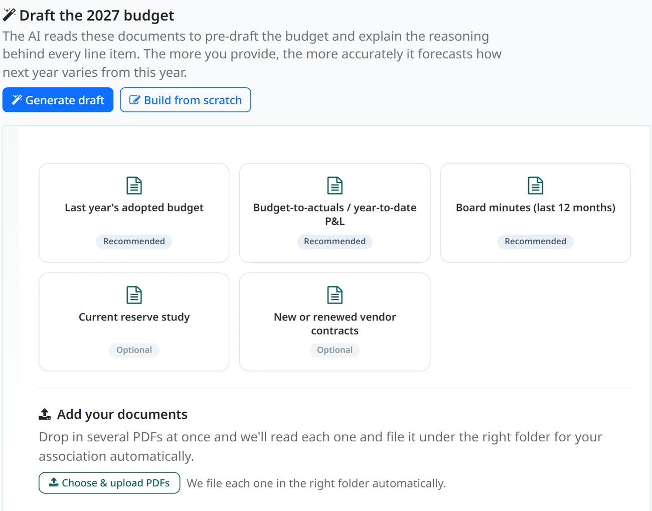 The budget intake screen listing the source documents it reads: last year’s budget, the year-to-date P&L, board minutes, the reserve study and vendor contracts