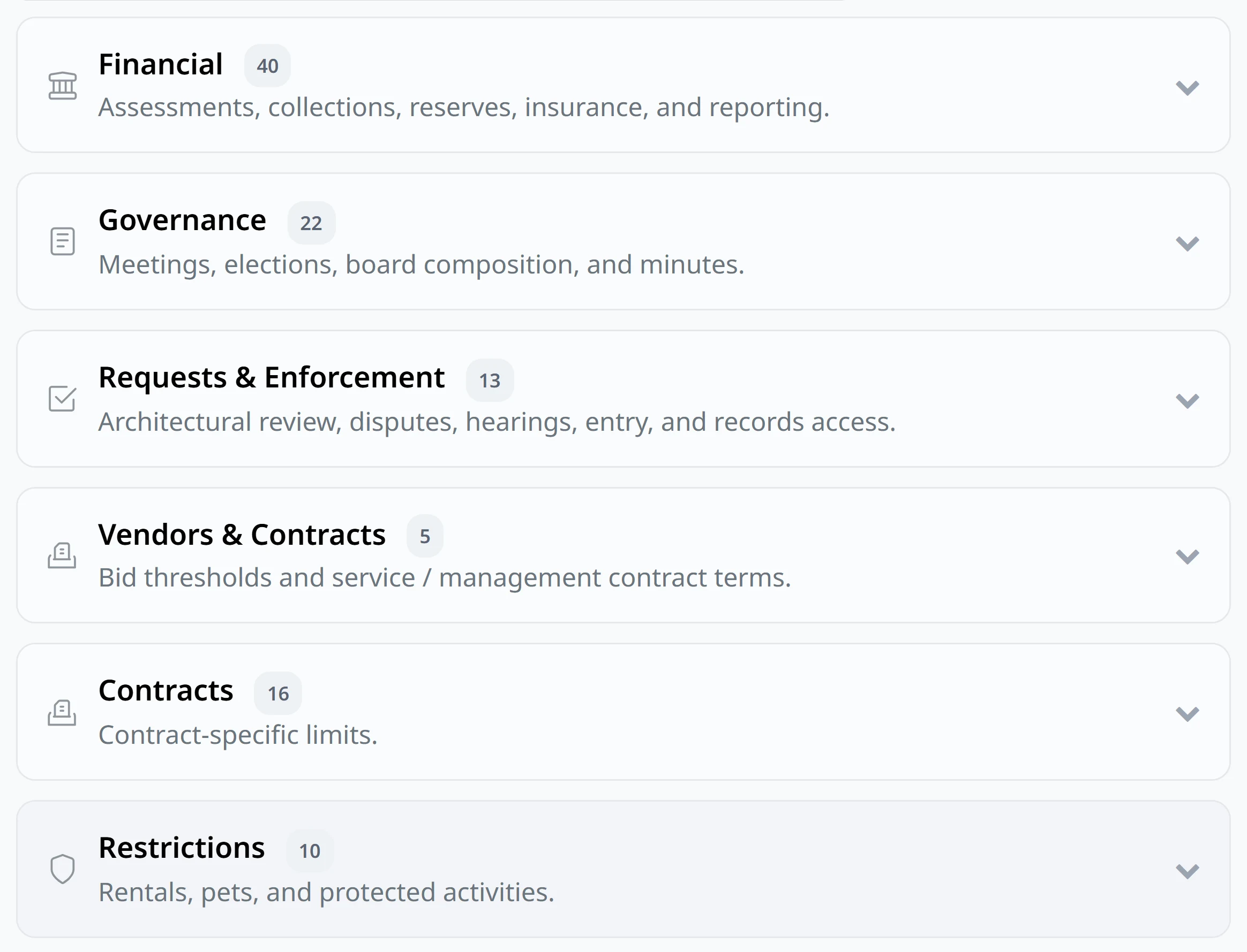 The governing value catalog grouped into six areas, with a legend showing whether each value came from state law, the association governing documents, or a platform default