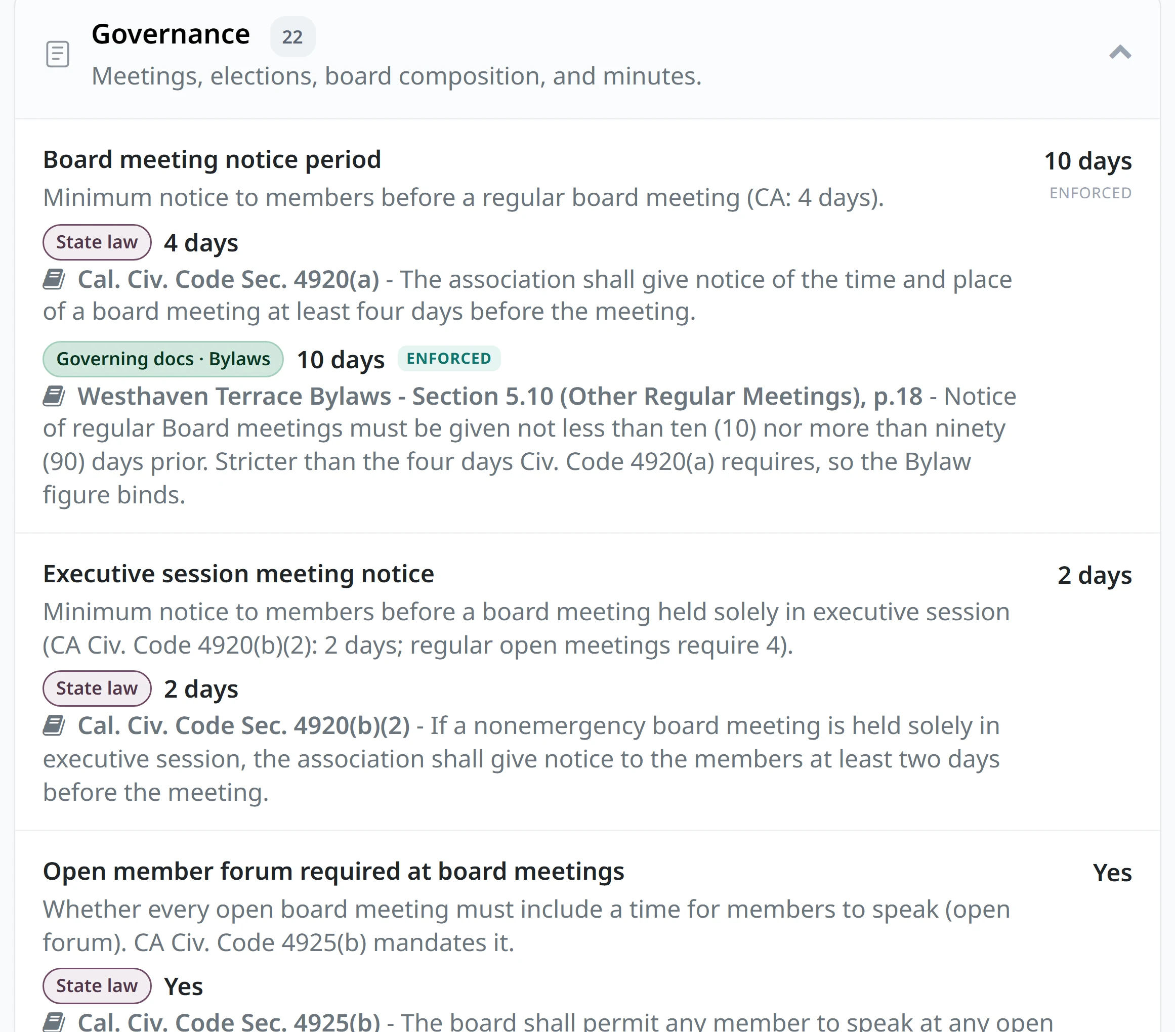 The governing values catalog with the Governance area open, each value showing its source badge and the statute or document section it came from