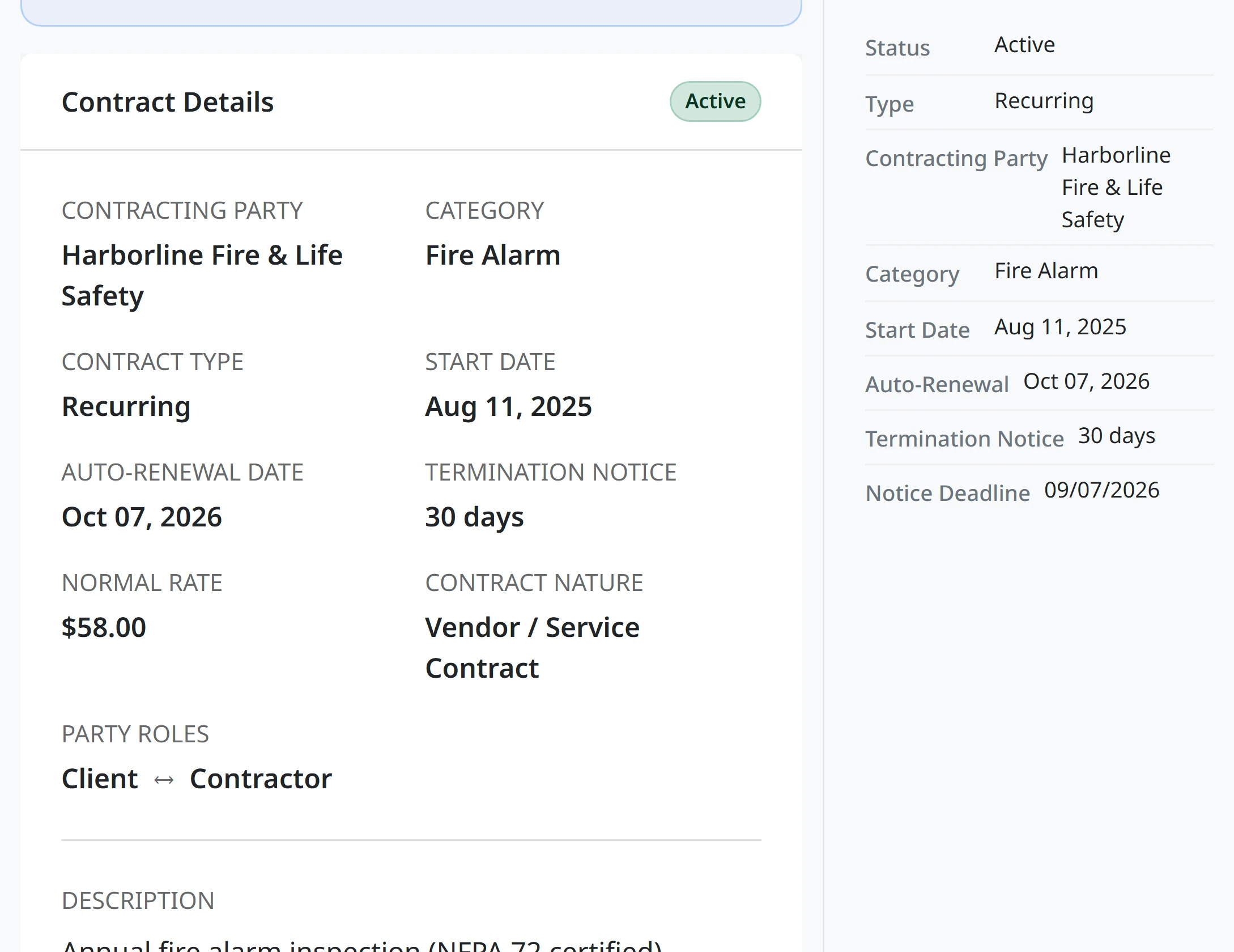 A contract record showing its auto-renewal date, its notice period, and the deadline derived from the two