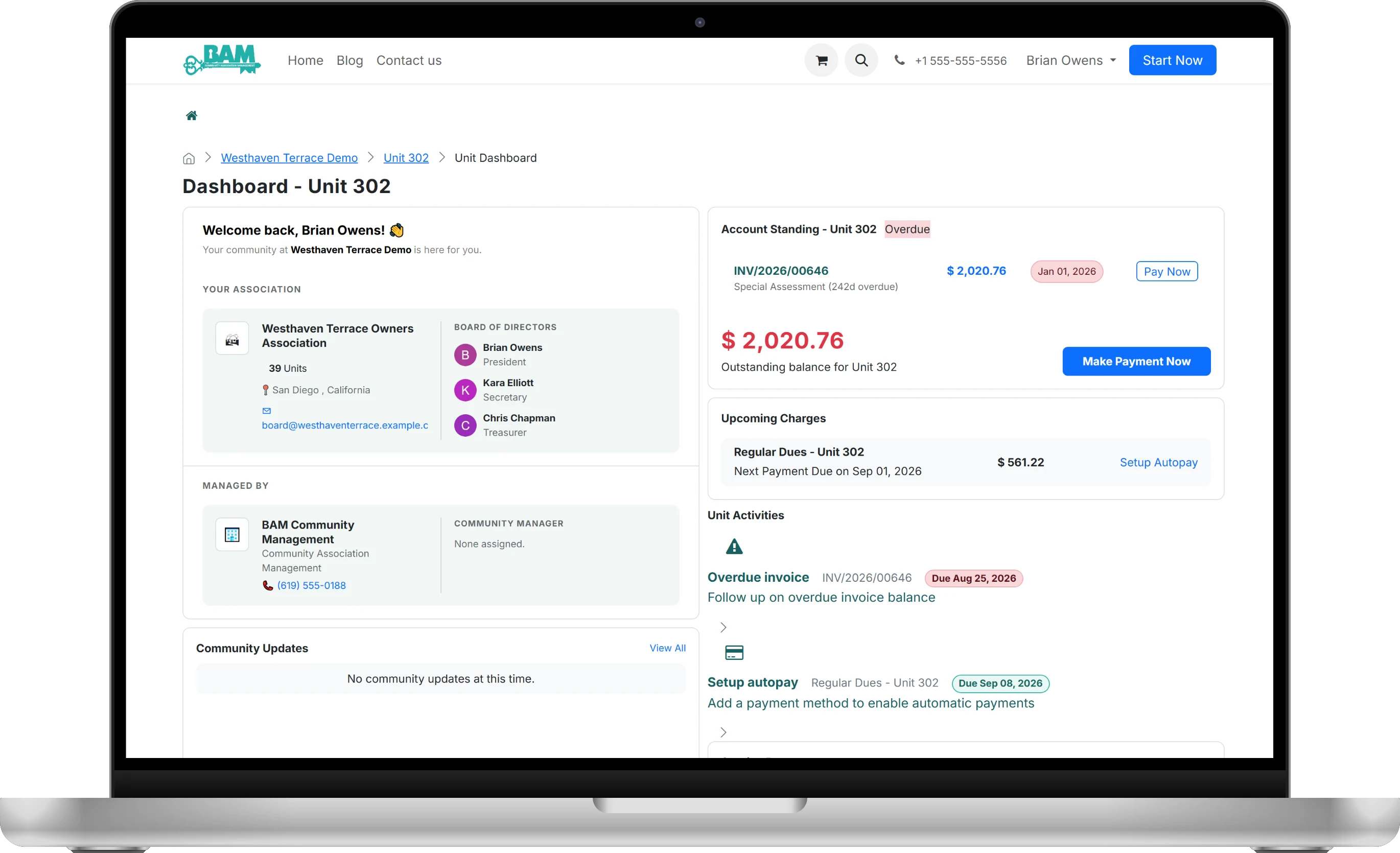 An owner’s unit dashboard on a laptop, under the management firm’s own logo and website: account standing, upcoming charges, the board roster and the managing firm’s contact details