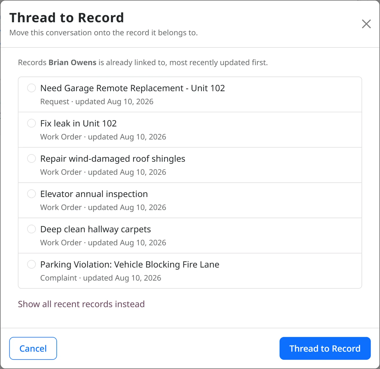 The Thread to Record dialog, listing records the sender is already linked to, most recently updated first