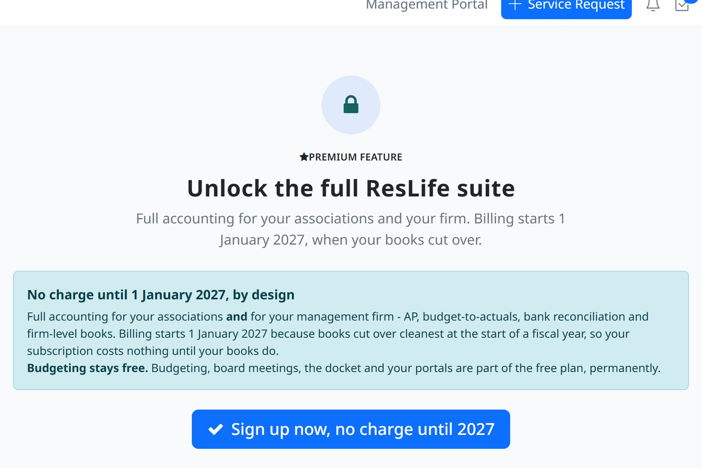 The in-product plan screen: sign up now, no charge until 1 January 2027, and what remains part of the free plan