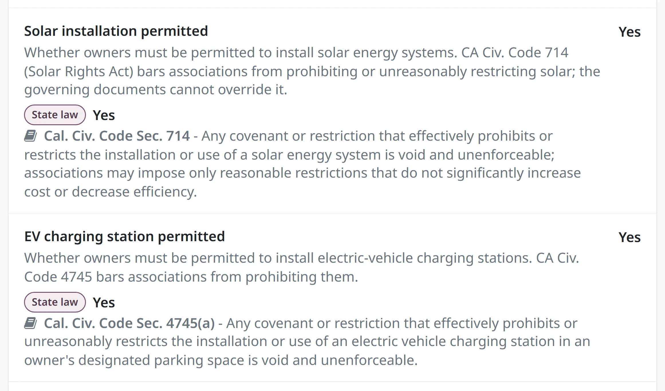 Three protected uses in the governing value catalog - solar installation, EV charging and flag display - each marked as set by state law with the code section quoted