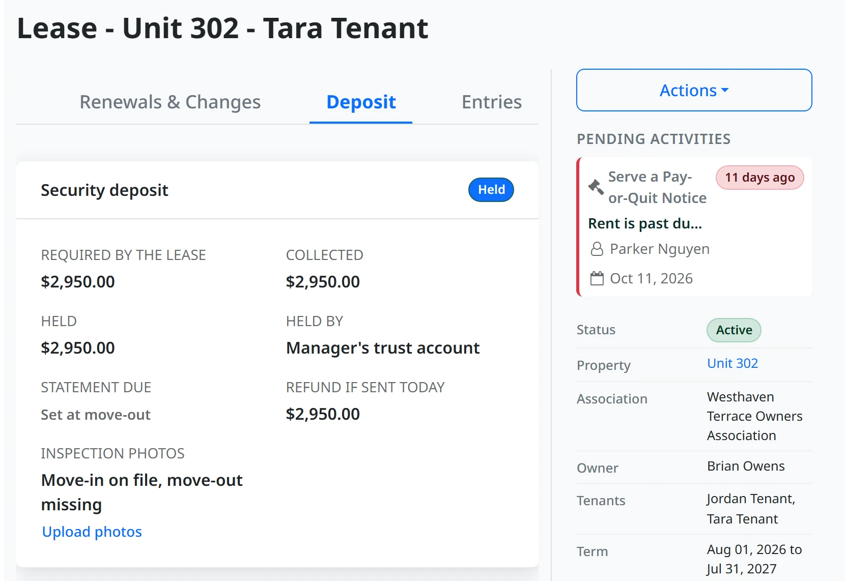 A lease Deposit tab: the security deposit required, collected and held in the manager’s trust account, the refund if sent today and the inspection photos on file, beside the pay-or-quit notice waiting on the Docket