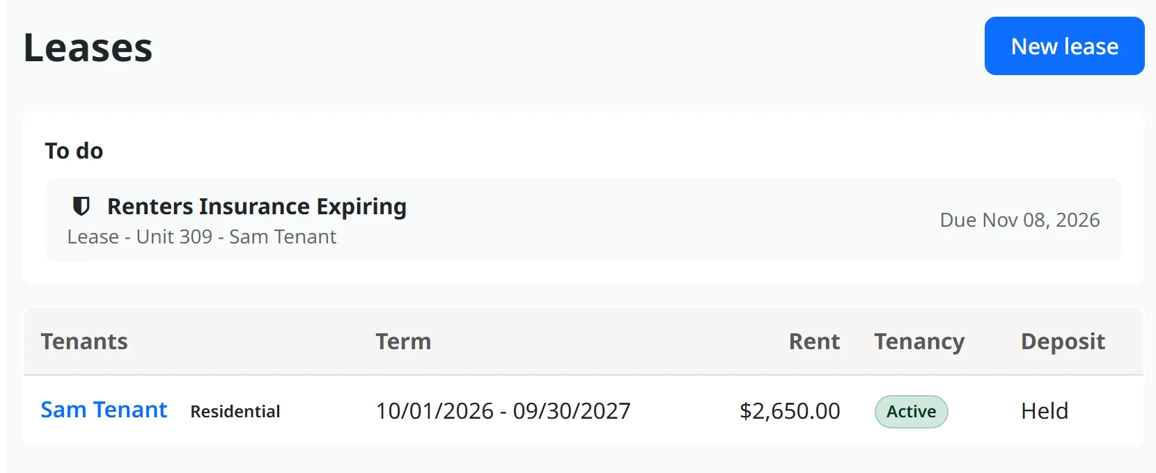 An owner managing their own rental in the Unit Portal: the lease with its tenant, term, rent and deposit, and a to-do list of the landlord’s deadlines