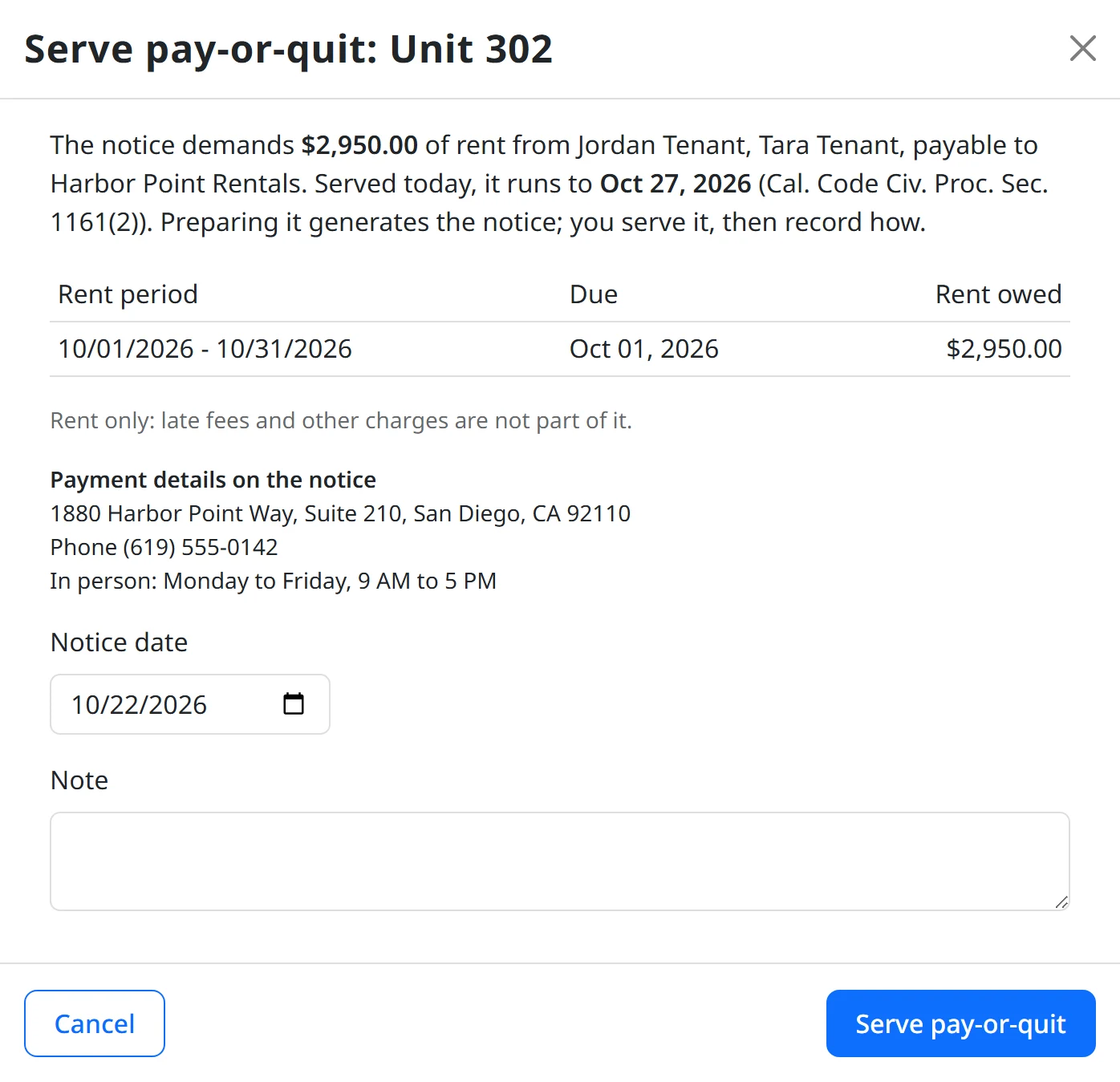 Serving a pay-or-quit notice for Unit 302: the rent period and amount demanded, rent only, the expiry date if served today with its code section, and the payment details the notice will carry