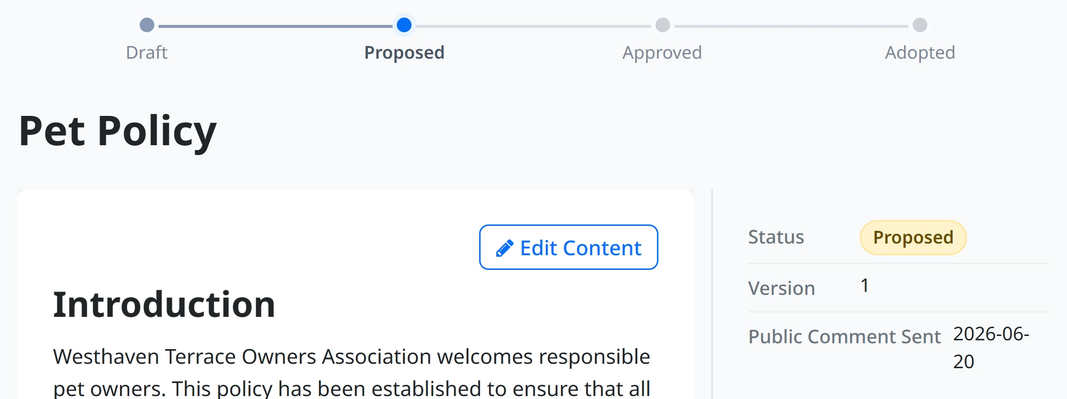 A proposed rule showing its position in the lifecycle, its status, and the date the public comment notice was sent