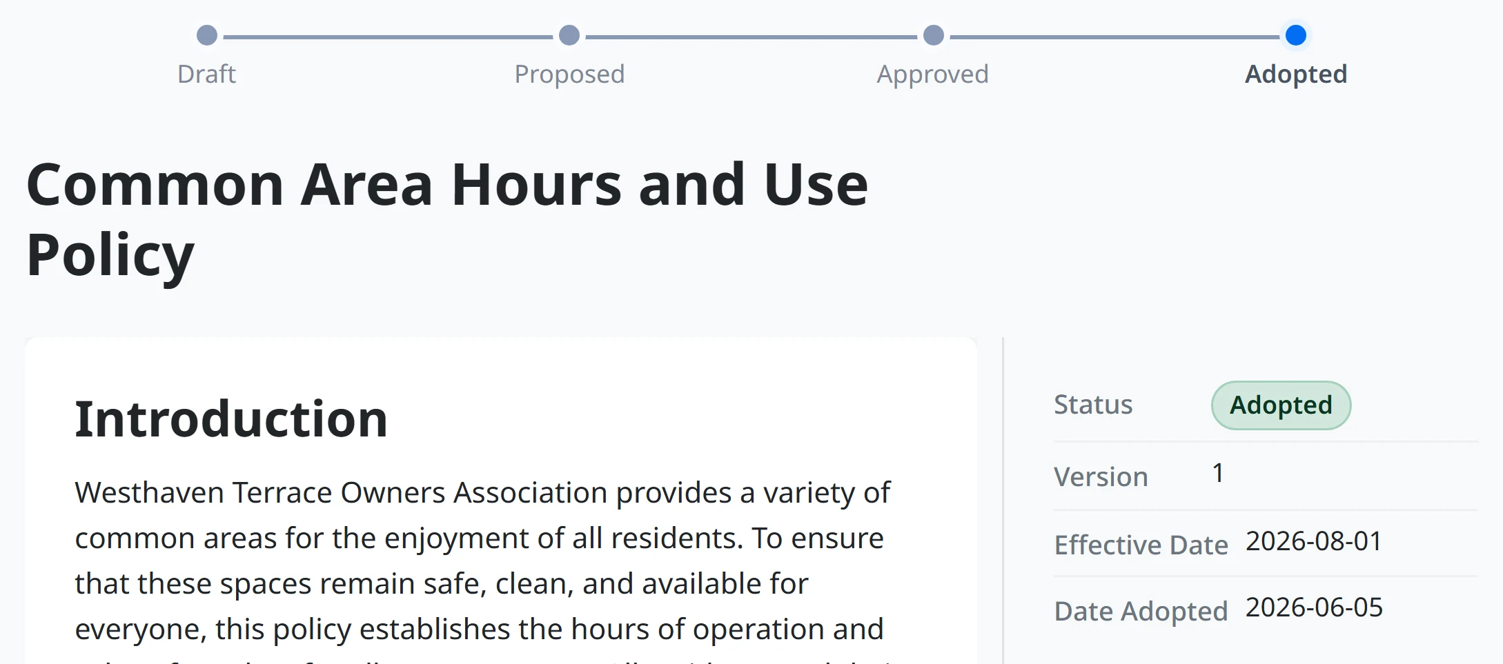 An adopted operating rule showing its version, its effective date and the date it was adopted