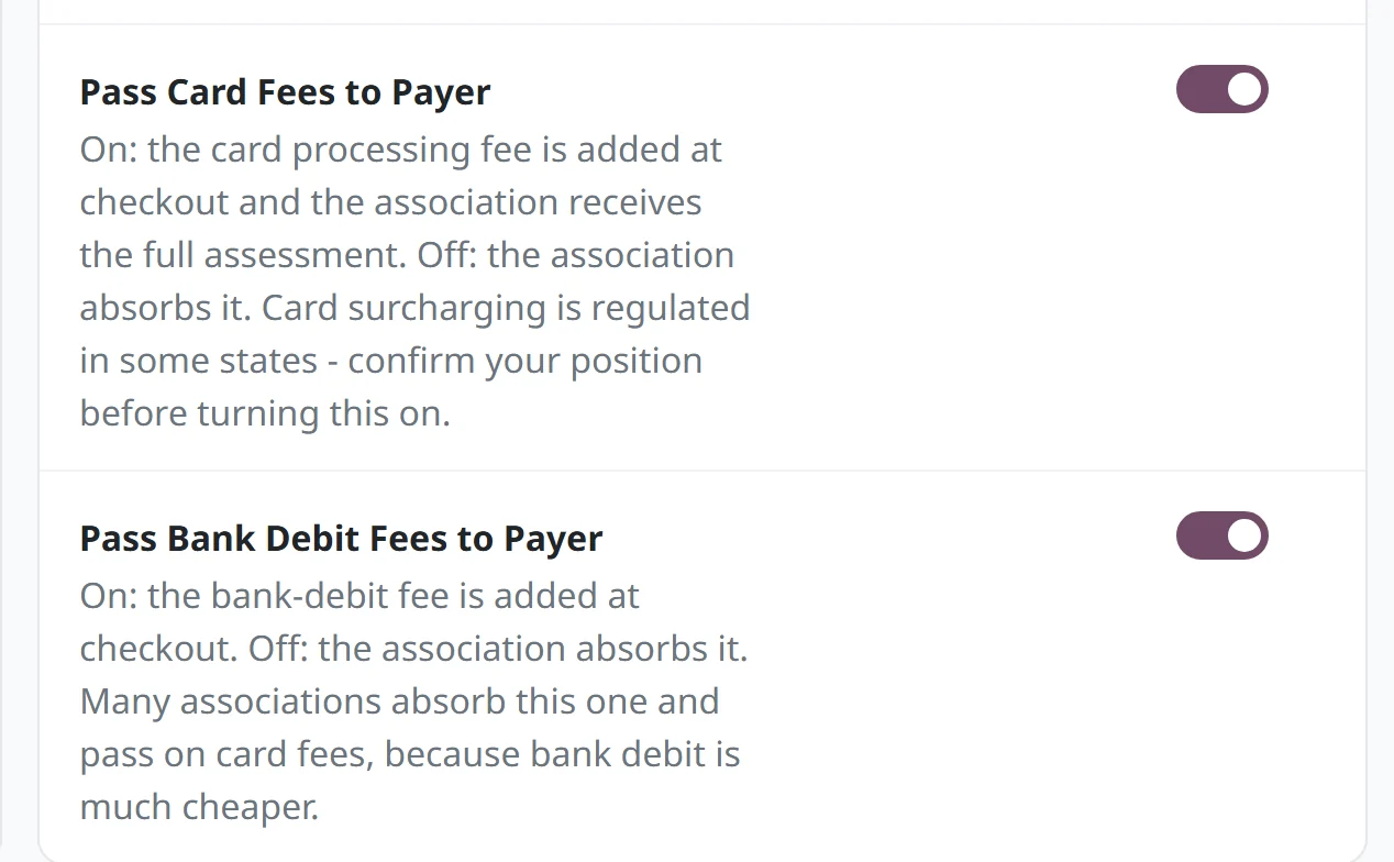 Association settings showing the Pass Card Fees to Payer and Pass Bank Debit Fees to Payer switches, both on