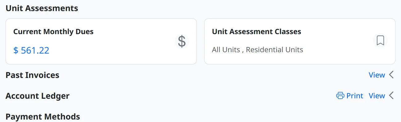 A unit’s assessment detail showing the current monthly dues, the assessment classes it belongs to, past invoices and the printable account ledger
