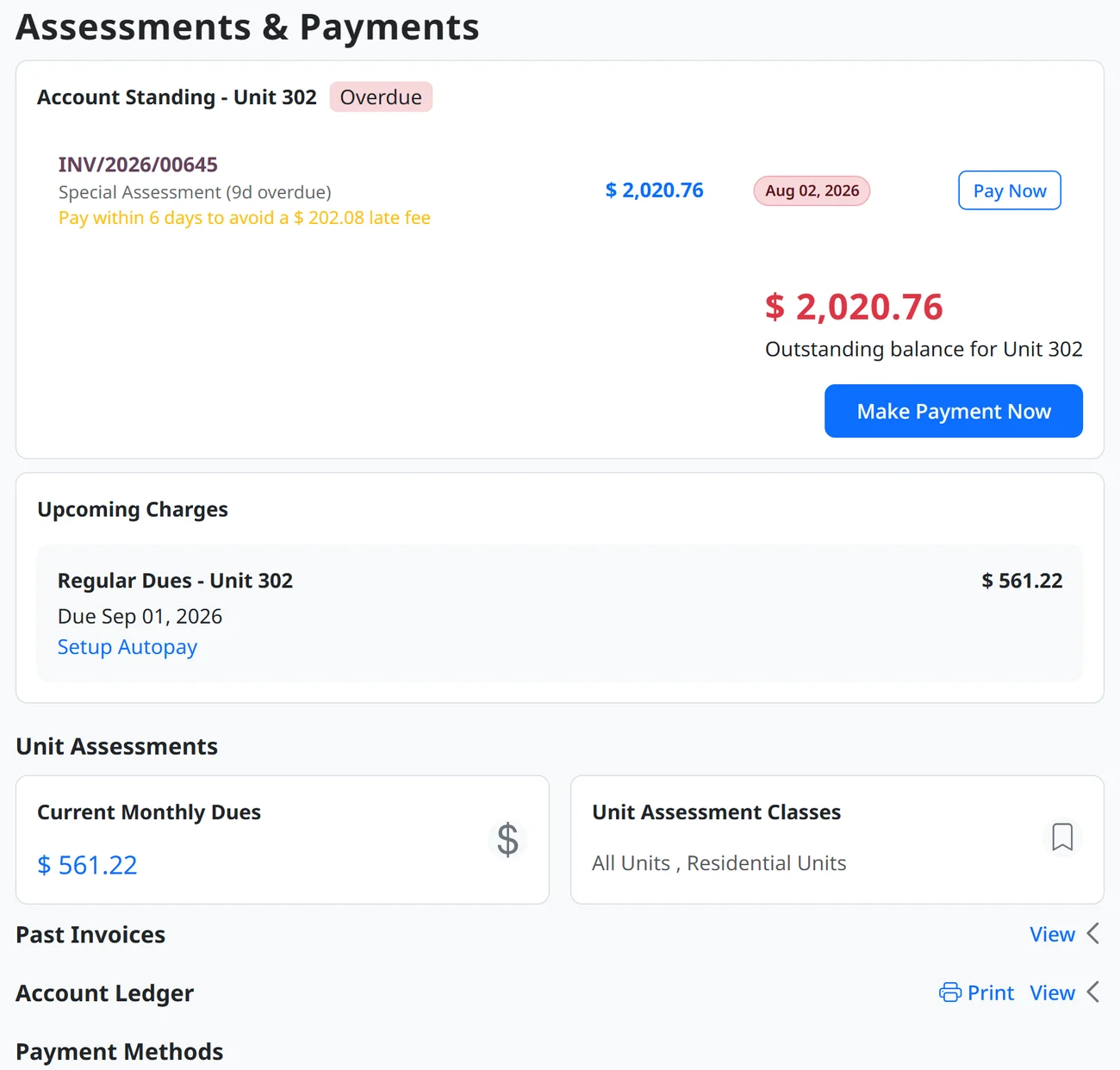 An owner’s account page showing the outstanding balance, the late-fee countdown, the next scheduled installment and their monthly dues