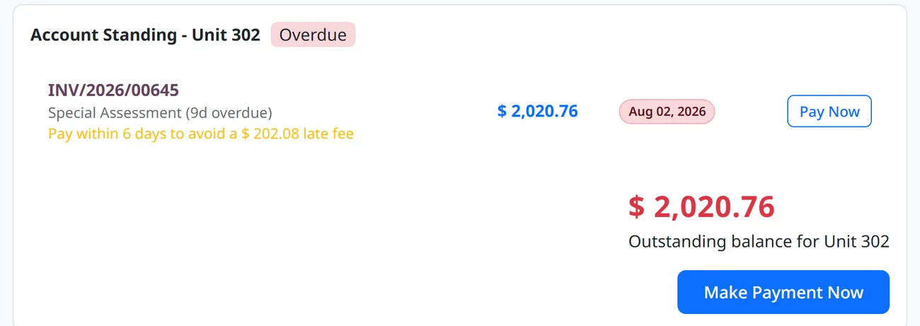 An owner’s account standing card reading “Pay within 6 days to avoid a $202.08 late fee” above the outstanding balance