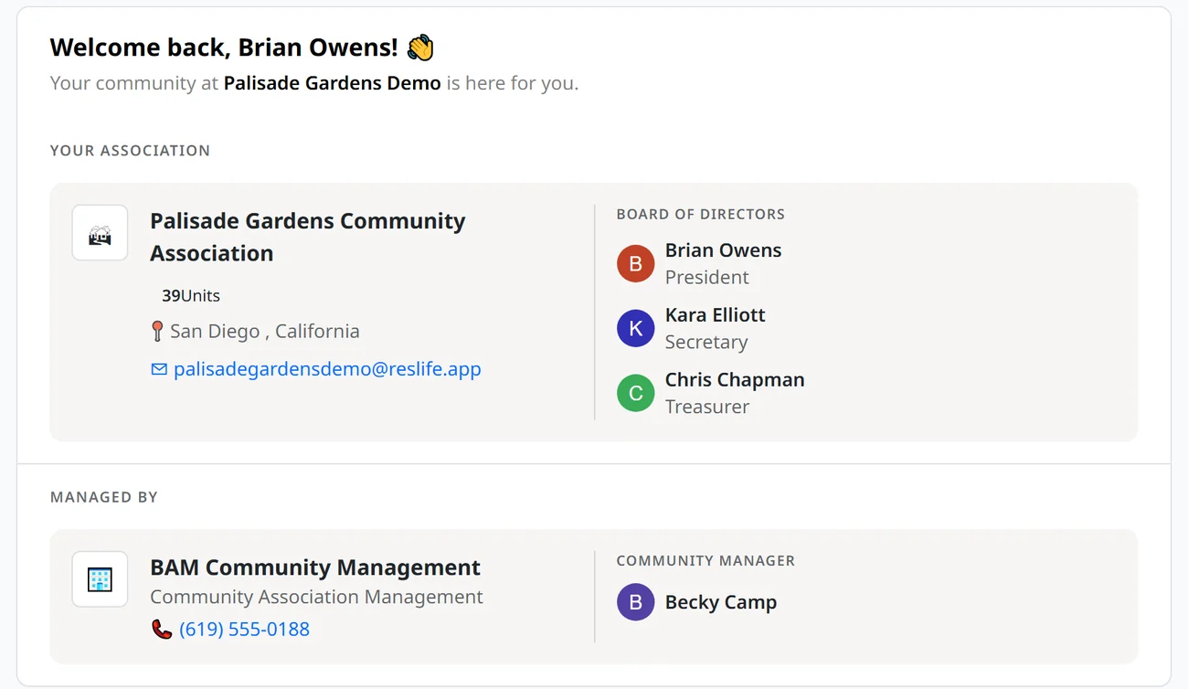 A resident’s unit dashboard showing their association, the board roster with each director’s office, the management company and the named community manager