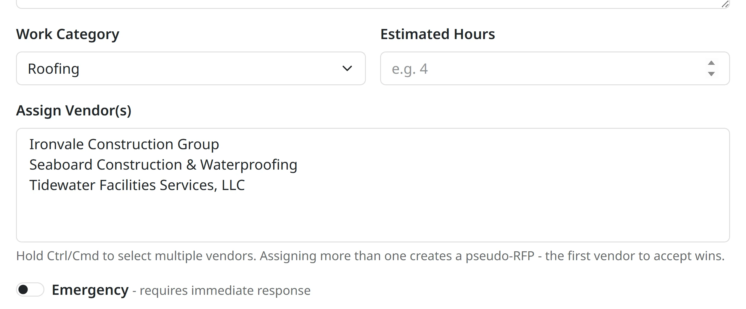Dispatching a work order: choosing the work category narrows the vendor list to vendors who do that work