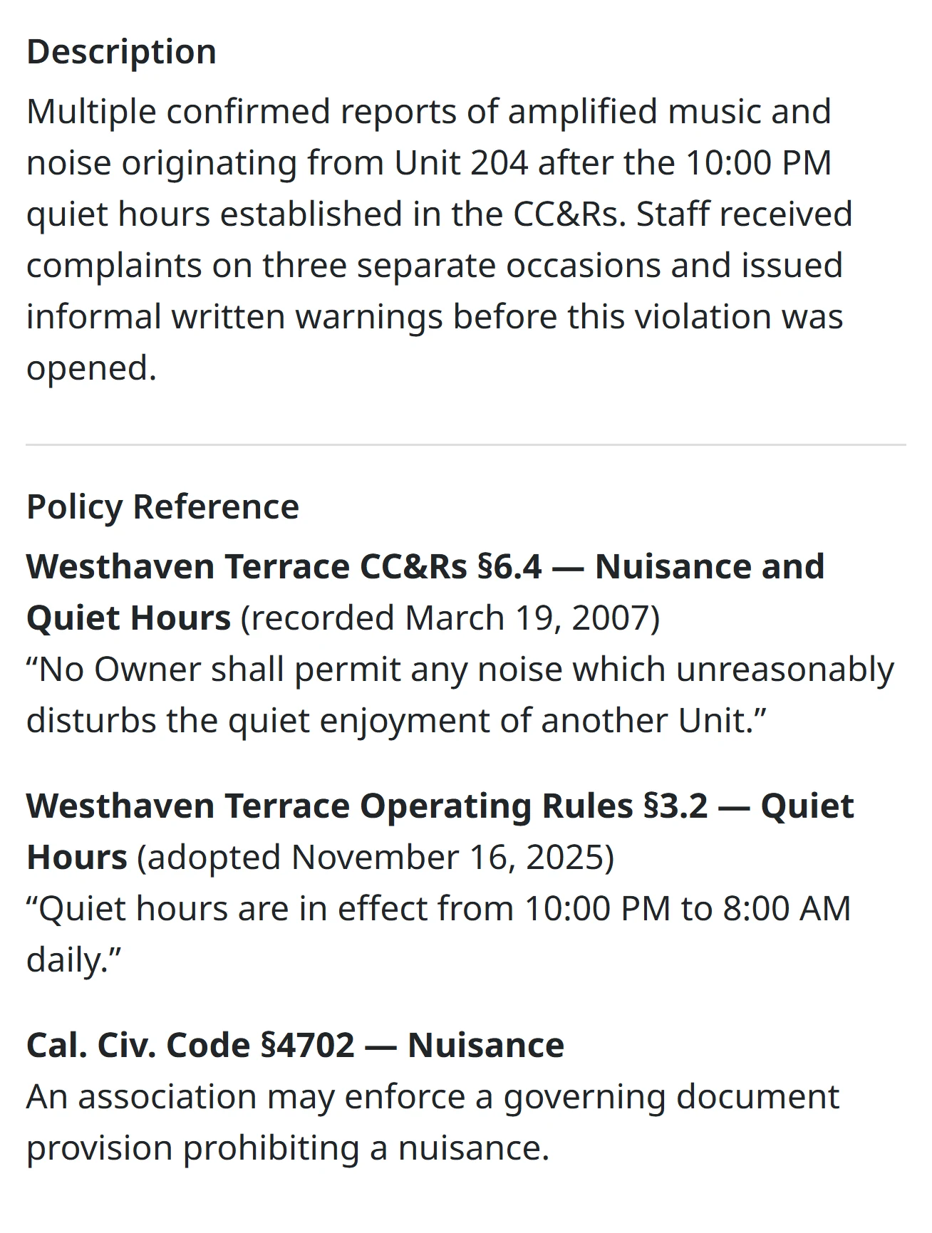 A violation with its policy reference naming the CC&R section it relies on