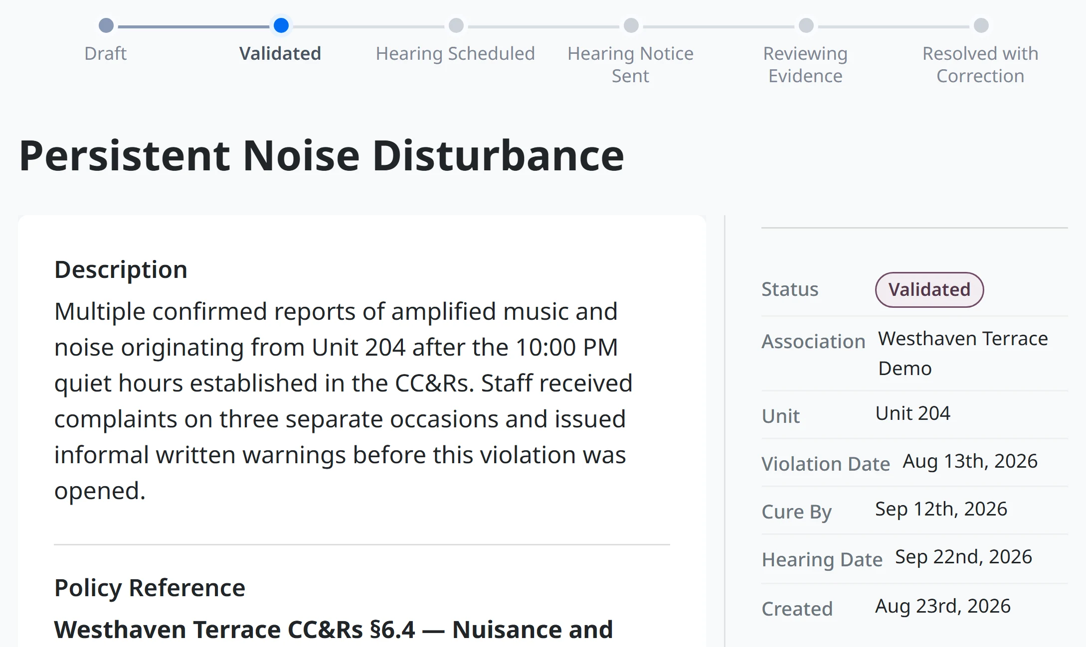 A violation record showing the enforcement lifecycle, the cited policy, the unit, the violation date and the cure-by date